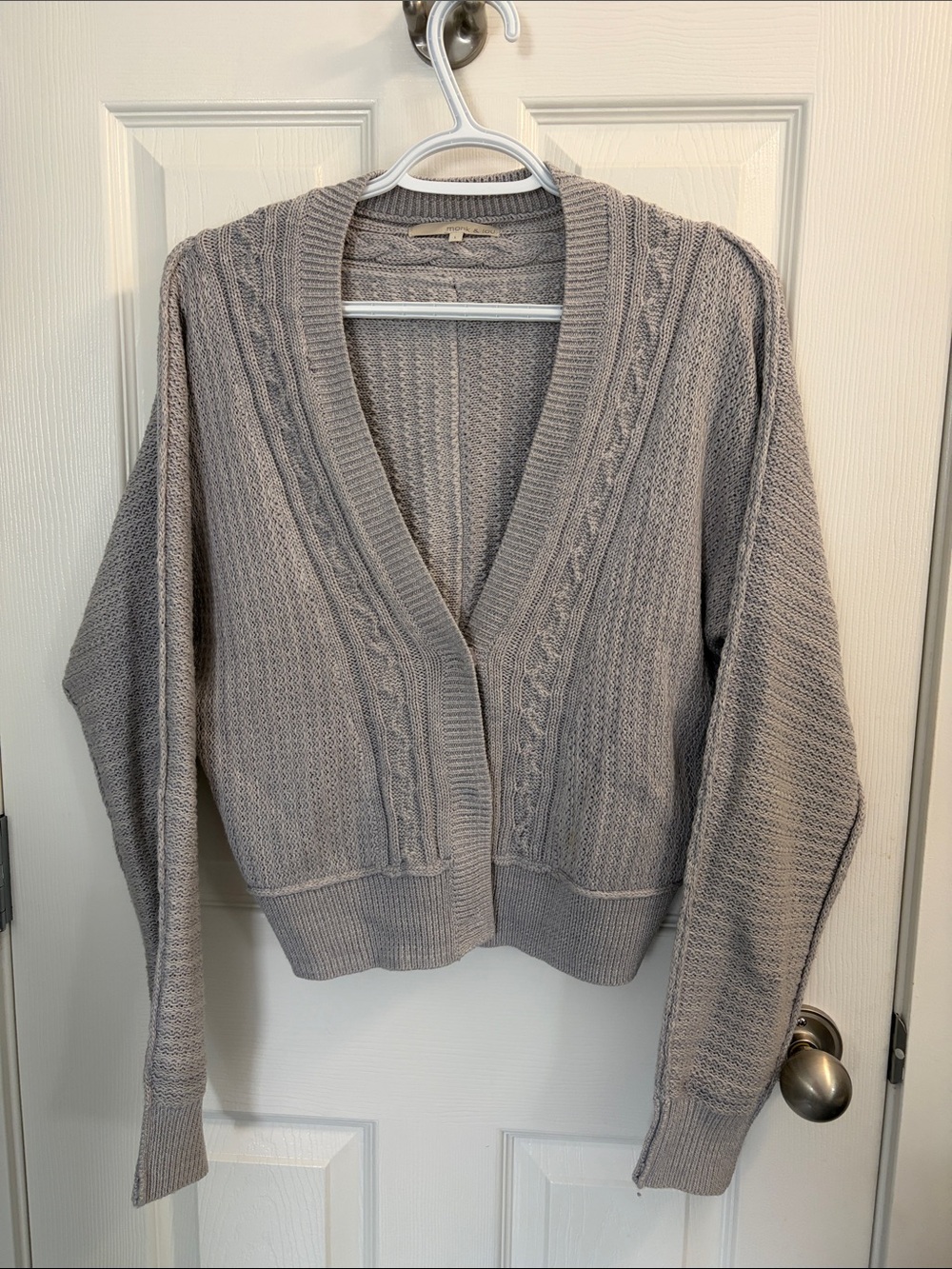 Cropped Light Gray Cable-Trim Open Cardigan Sweater